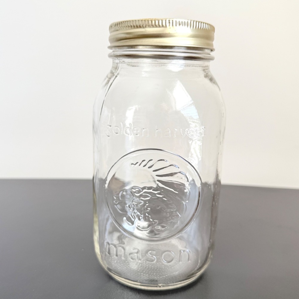 Vintage Golden Harvest Mason Jar Pint 16‎ Oz Regular Mouth w Lid & Band Clear